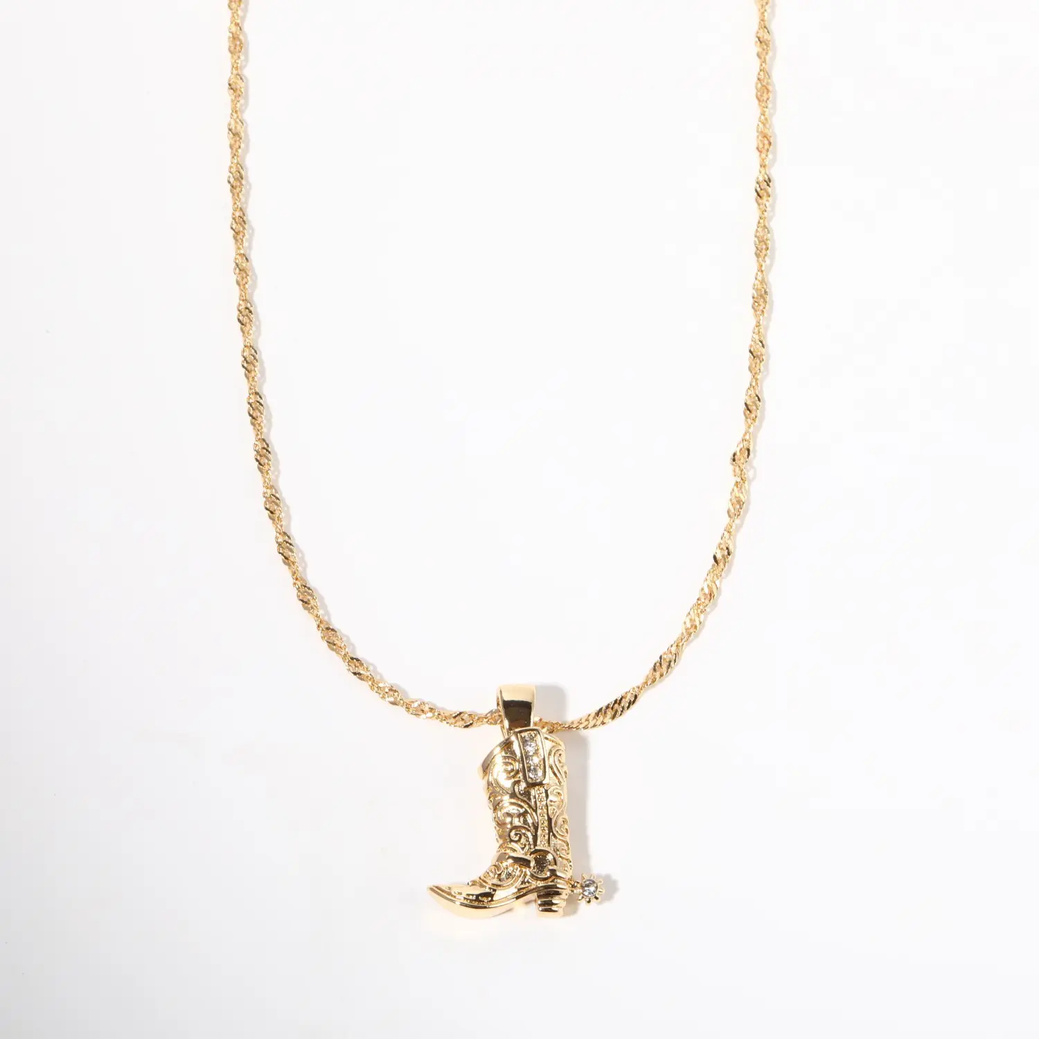 欧美牛仔靴项链走花路靴子吊坠黄铜锁骨链镀真金保色饰品