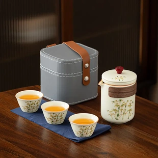定印礼品 轻奢汝窑快客杯古韵旅行茶具陶瓷可开片户外商务套装