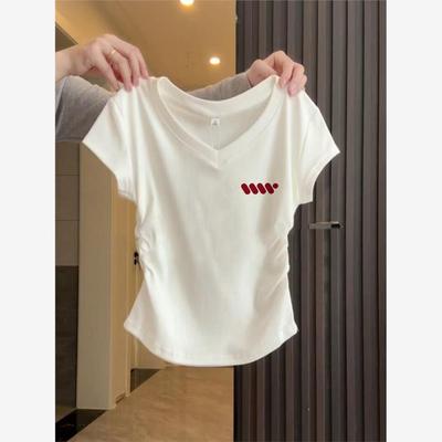 重磅纯棉短袖t恤女生夏季v领白色小印花正肩修身显瘦褶皱短款上衣