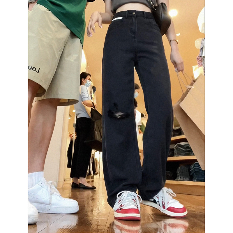 黑色破洞天丝牛仔裤女夏薄款胖妹妹mm高腰宽松直筒显瘦阔腿裤子潮