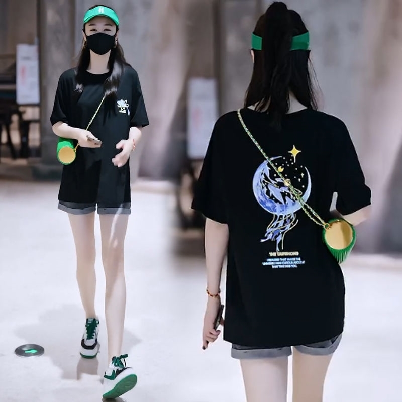 纯棉t恤女短袖2025夏新款宽松版型女装大码遮肚子中长款休闲上衣