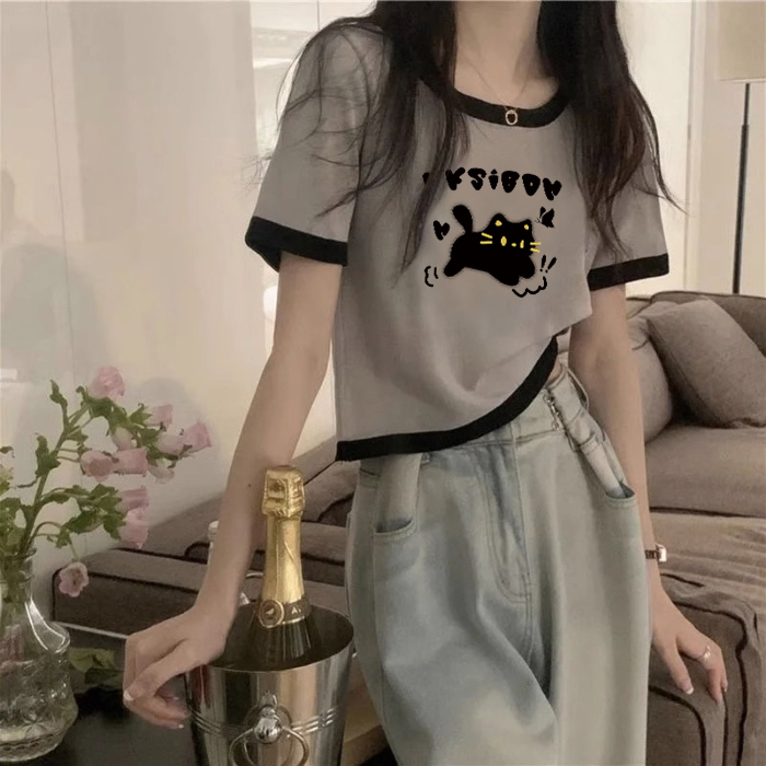洋气减龄正肩短袖女生2025夏季新款重磅纯棉修身撞色t恤上衣ins潮