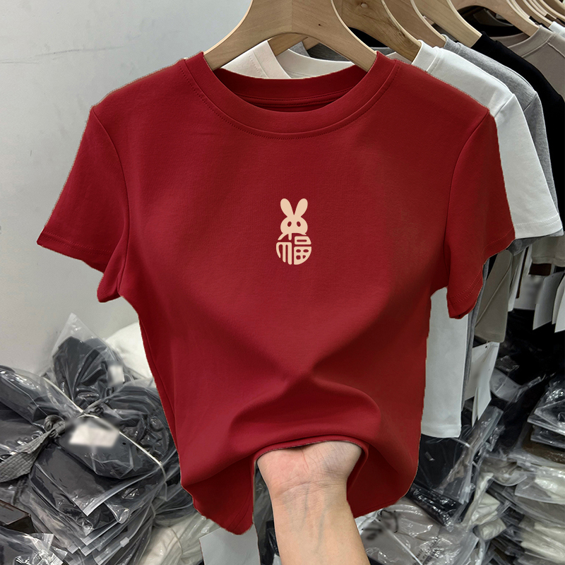 正肩短袖t恤女纯棉修身显瘦2025夏季新款欧货小衫洋红色兔子上衣