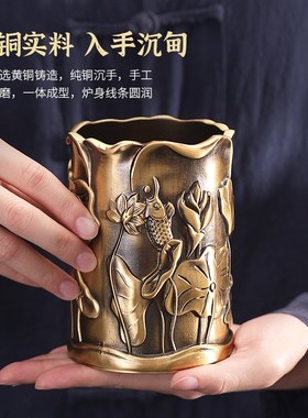 高档黄铜笔筒摆件实心笔筒家居室内书房办公N室桌面实用摆饰工艺