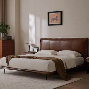 酷漫居法式复古山涧皮床实木真皮床中古风主卧现代婚床1米8双人床