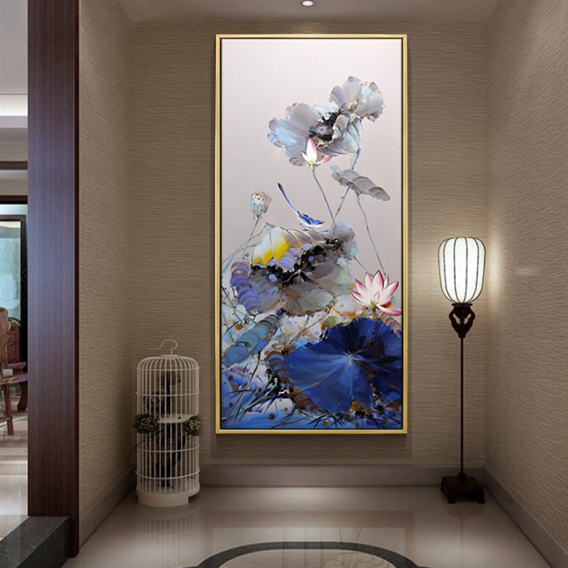 纯手绘油画新中式水墨荷花装饰客厅玄关走廊过道竖版酒店餐厅挂画图片