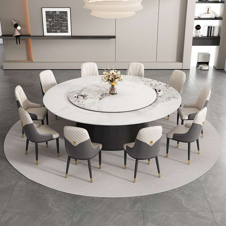 电动餐桌酒店大圆桌12人会所餐桌轻奢风实木岩板餐桌电动火锅桌子