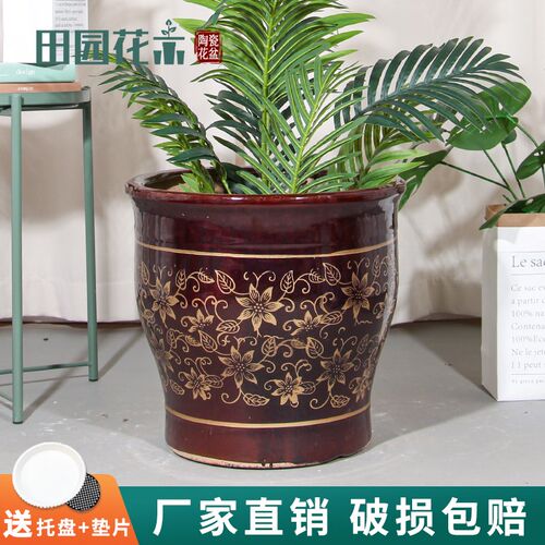 陶瓷花盆特大号中式古典花瓣印花家用客厅金藤蔓虎皮兰.幸福树花