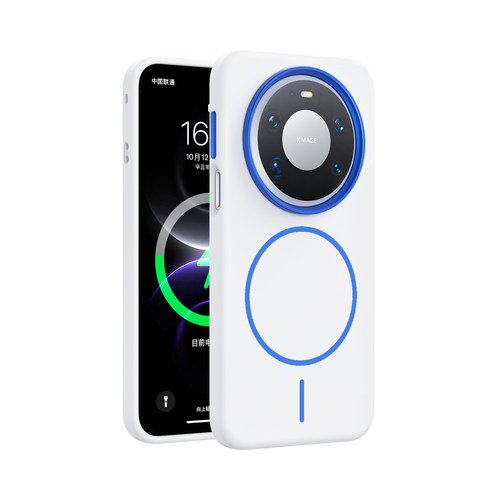 【雅致系列】宇桐白撞蓝适用Mate80PM手机壳Mate70Pro撞色磁吸简约金属Mate60Pro镜头圈液态防摔细圈肤感硅胶