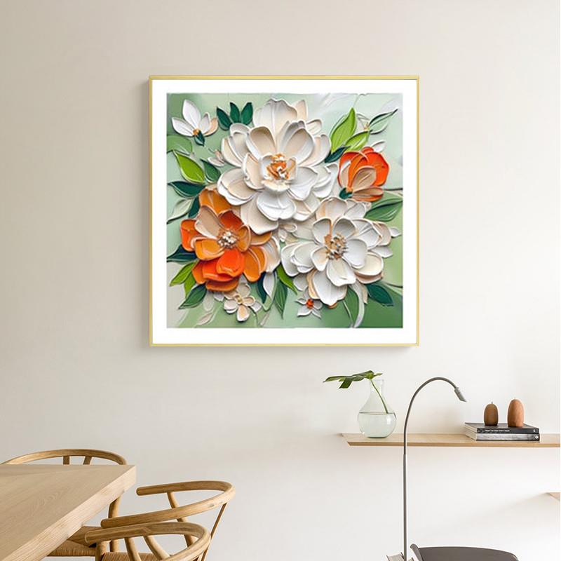 奶油风浮雕花卉餐厅装饰画艺术方形绿色花朵客厅挂画餐桌卧室壁画图片