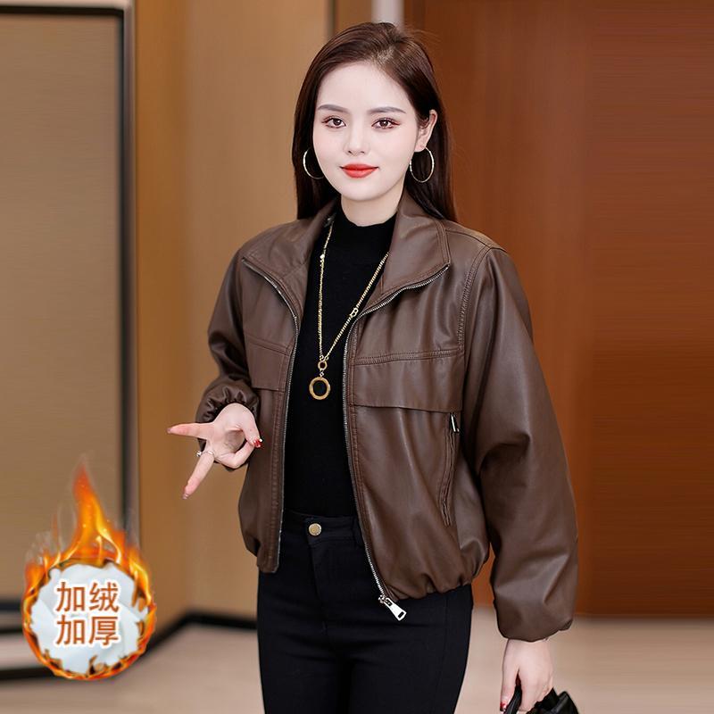 好货高级感加绒加厚时尚皮衣女士冬季新款带毛领短款皮夹克洋气皮