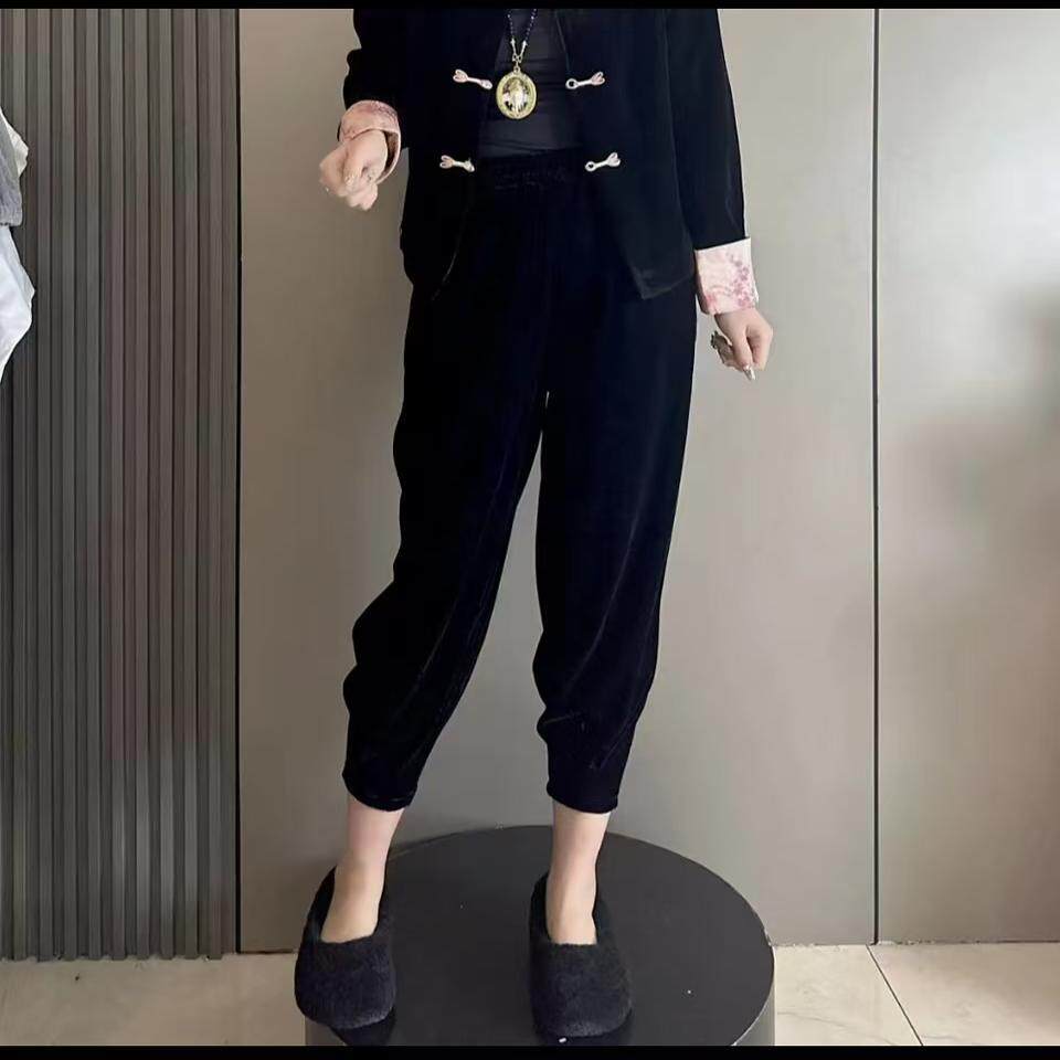好货欧货时尚高级感松紧腰黑色金丝绒铅笔裤女2026秋复古显瘦九分
