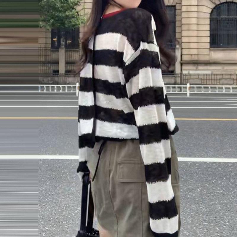 好货黑白撞色条纹针织衫女2026早秋新款长袖防晒罩衫宽松休闲显瘦