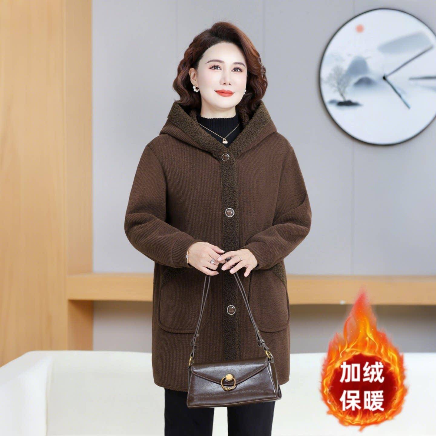 好货妈妈装秋冬款大衣加绒棉服宽松保暖中老年女装棉衣连帽毛呢外