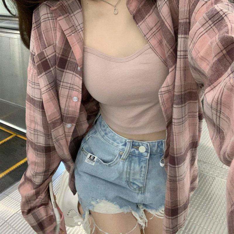 好货粉色格子衬衫女春秋2026欧货爆款防晒外套纯棉休闲衬衣中长款