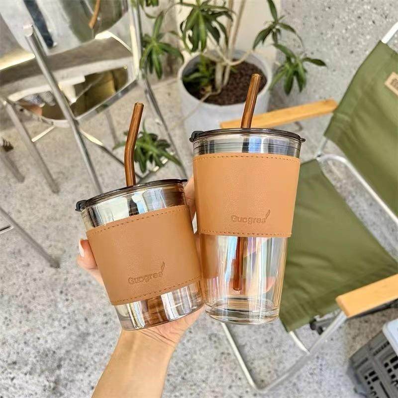 水杯夏季女高级感玻璃杯子男生轻奢带吸管盖咖啡杯情侣家用高颜值