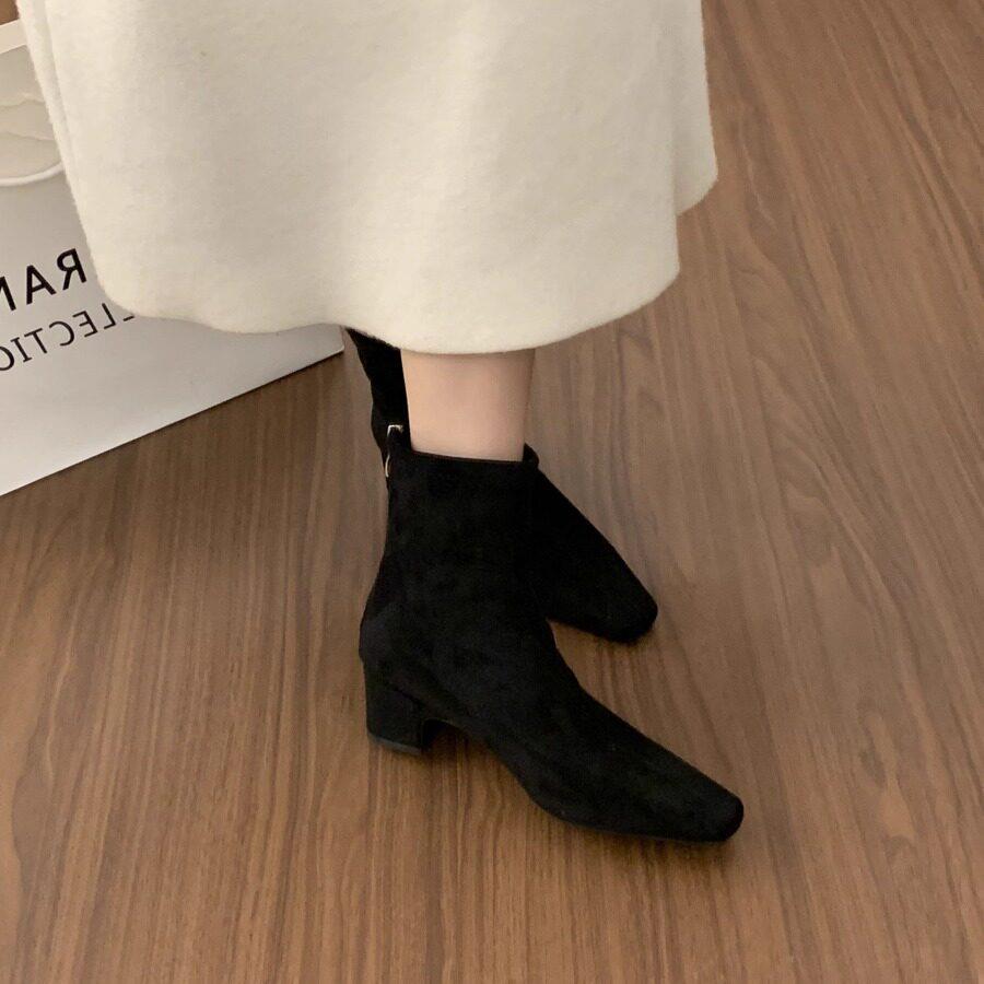 好货法式粗跟磨砂软皮瘦瘦靴中跟小方头短靴女鞋子2026新款春秋季