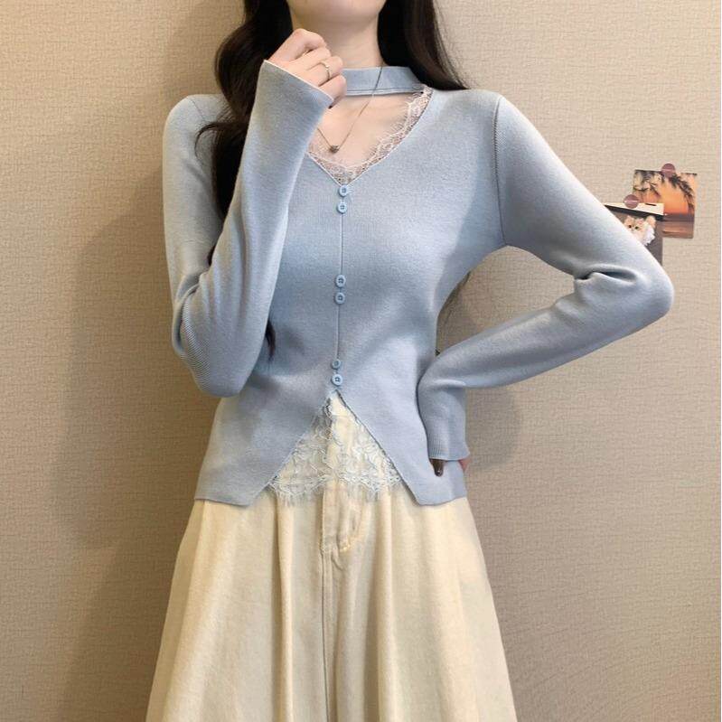 好货甜美减龄内搭针织毛衣设计感百搭V领打底衫2026蕾丝挂脖长袖