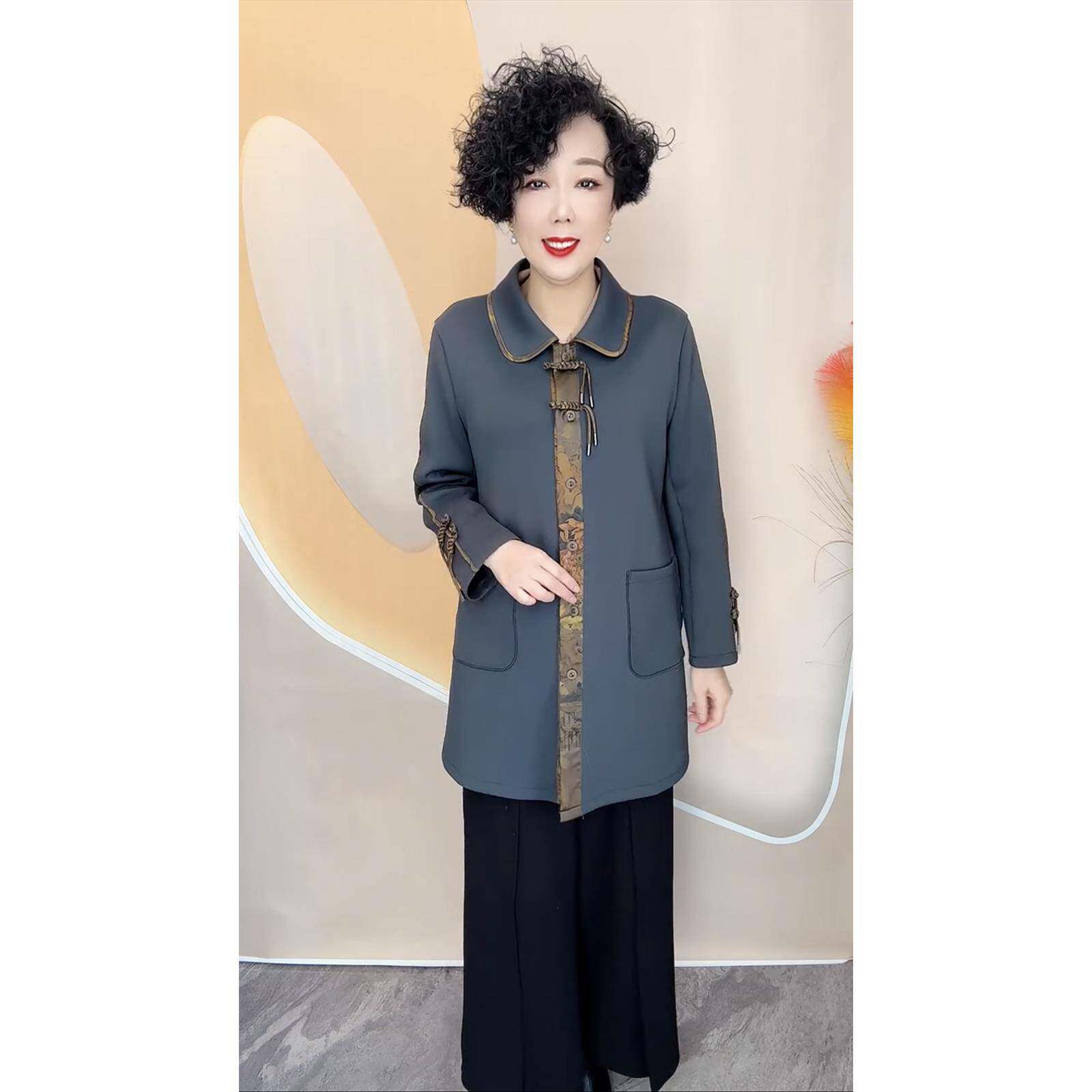 好货高档气质娃娃领盘扣中长款风衣外套洋气休闲中老年妈妈装中式