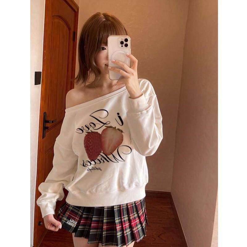 推荐斜肩卫衣女早秋薄款甜辣辣妹美式复古宽松慵懒风长袖露肩上衣