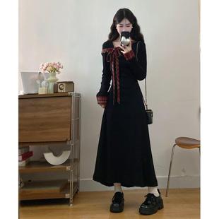 推荐红色格子拼接黑色正肩长袖连衣裙女2025早秋新款大码胖mm掐腰