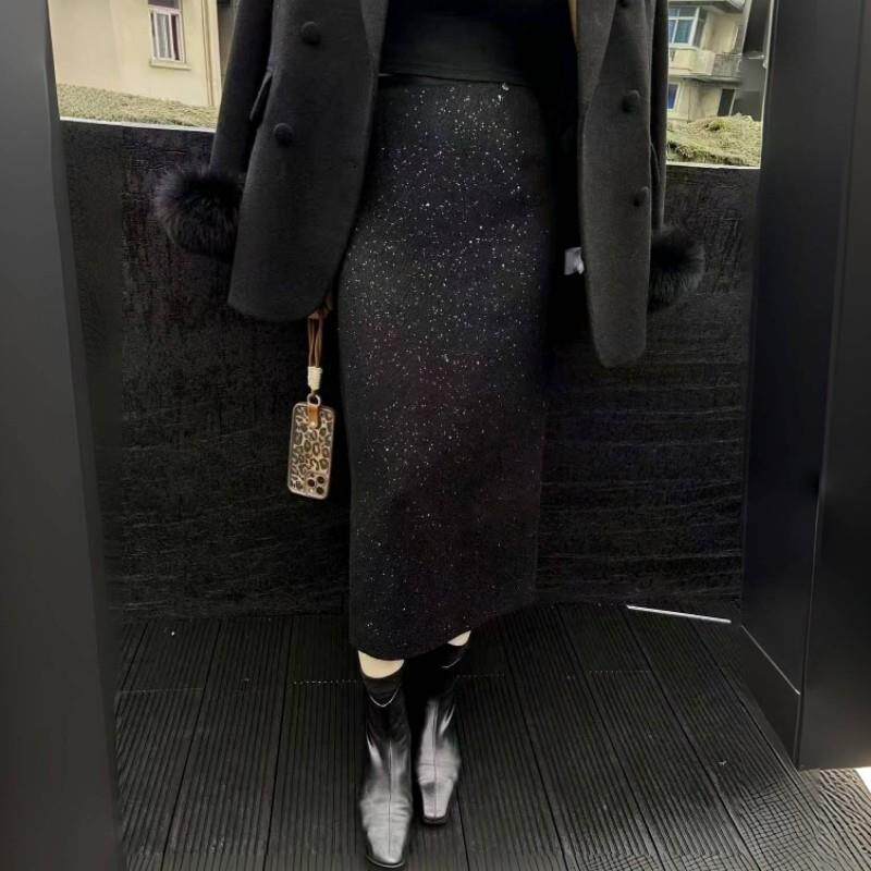好货小香风亮片半身裙女士冬季新款时尚开叉直筒群气质高腰A字版