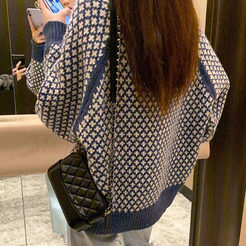 好货千鸟格针织开衫女秋冬欧货新款高级感小香风复古撞色格纹毛衣