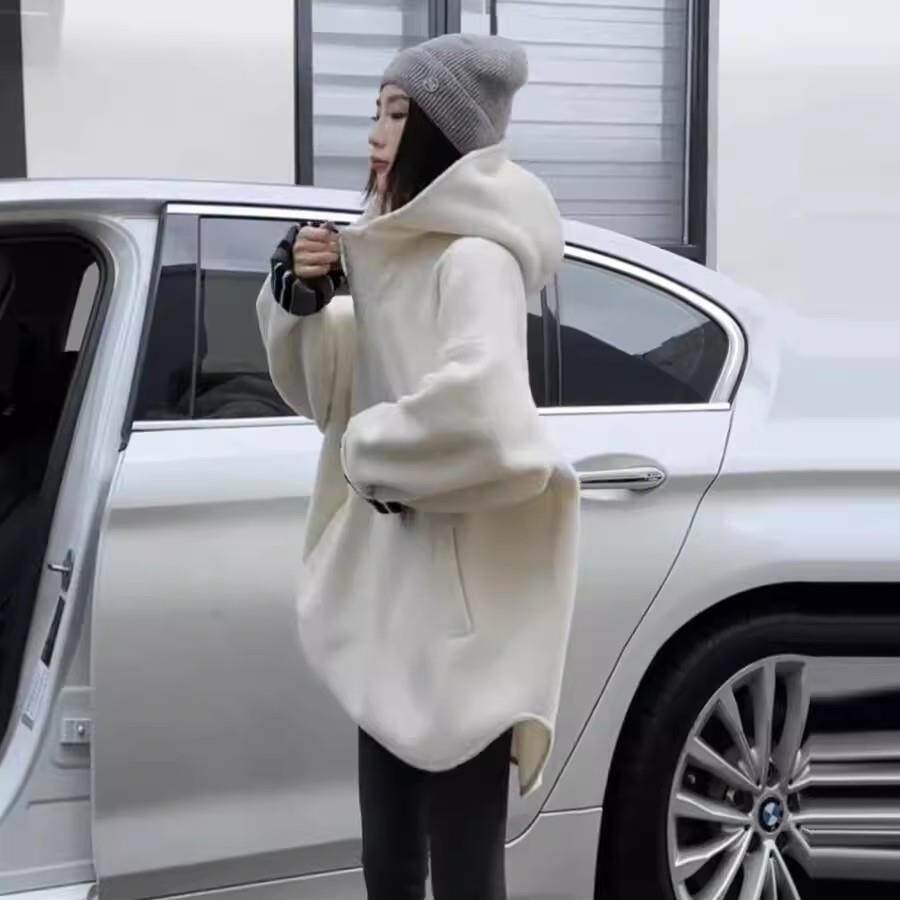 好货松弛感半拉链加绒连帽卫衣女秋冬新款欧货中长款宽松遮肉软糯