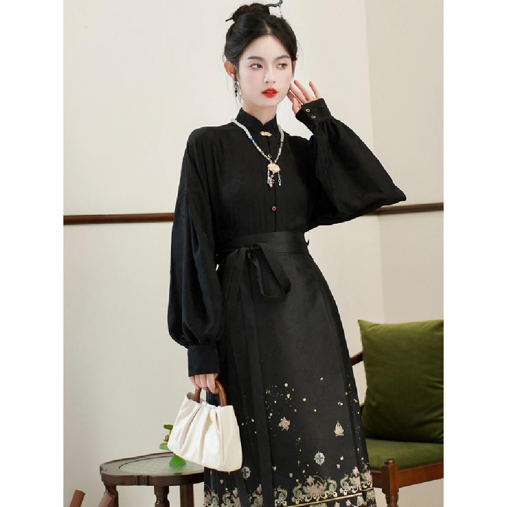 好货搭配马面裙的衬衫女款春季立领对襟改良汉服上衣新中式国风黑