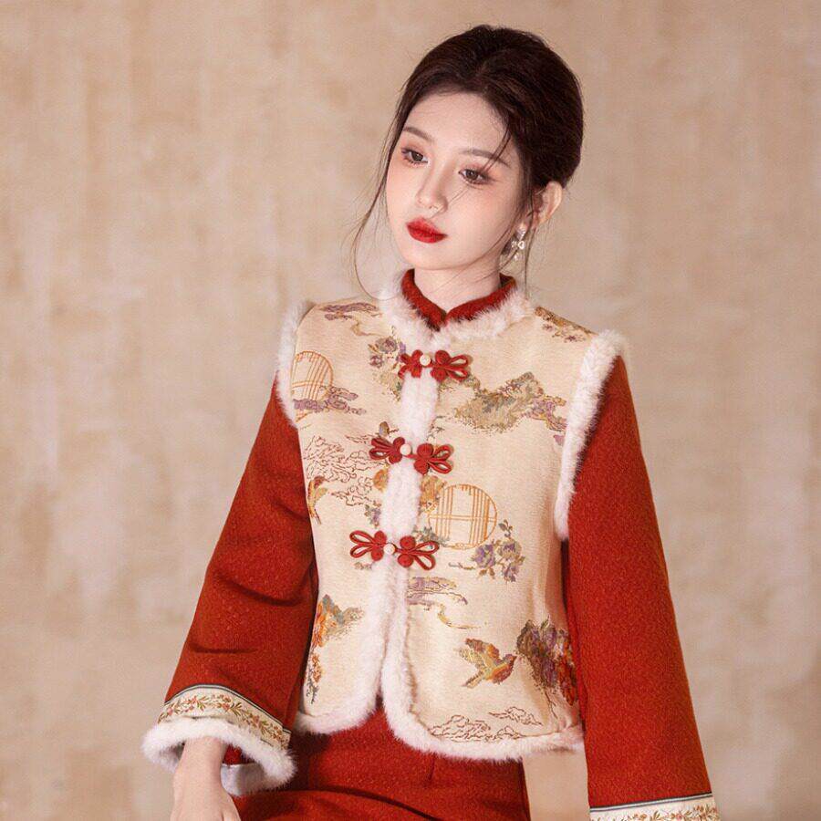 好货新中式国风盘扣马甲上衣女改良圆领短款背心外套复古减龄旗袍
