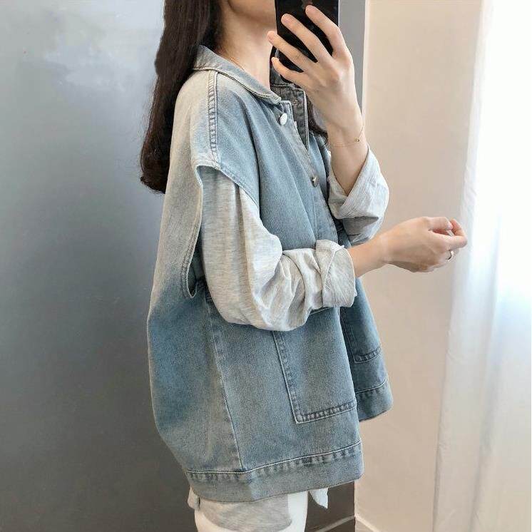 好货蓝色工装牛仔马甲女春秋欧货洋气小衫单排扣重工水洗马夹背心