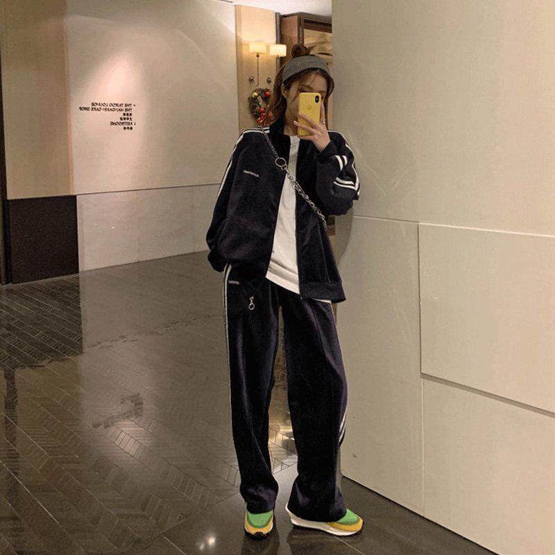好货金丝绒套装女秋冬季欧货品牌休闲运动卫衣外套上衣阔腿裤两件
