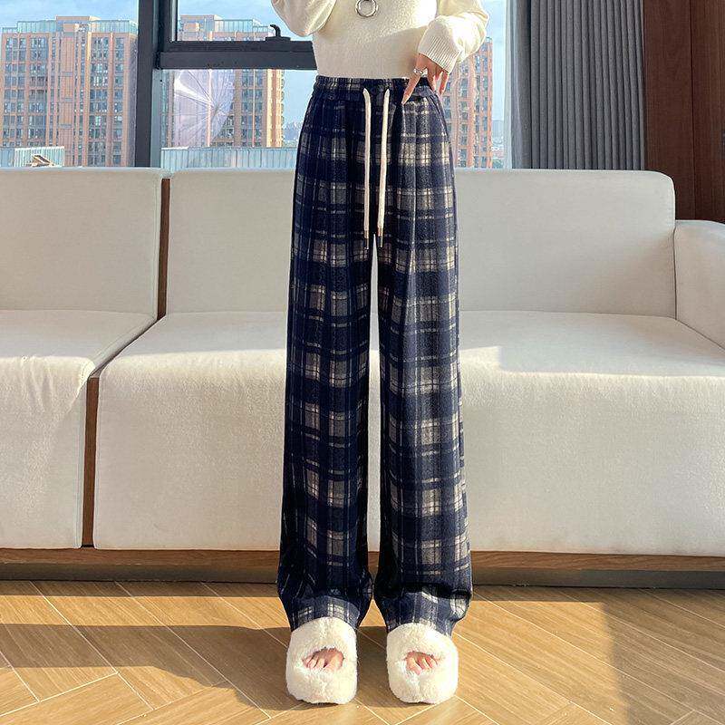 好货高级感毛呢格子窄版阔腿裤女春秋大码胖mm梨形身材显瘦加绒直