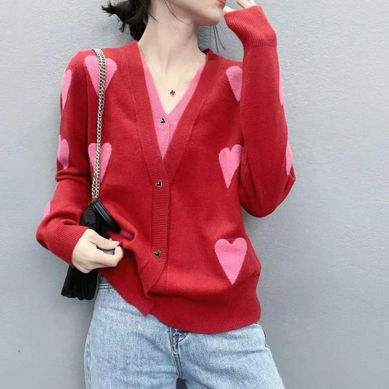 好货V领毛衣女春秋欧货红色新年战袍假两件上衣小香风针织开衫外