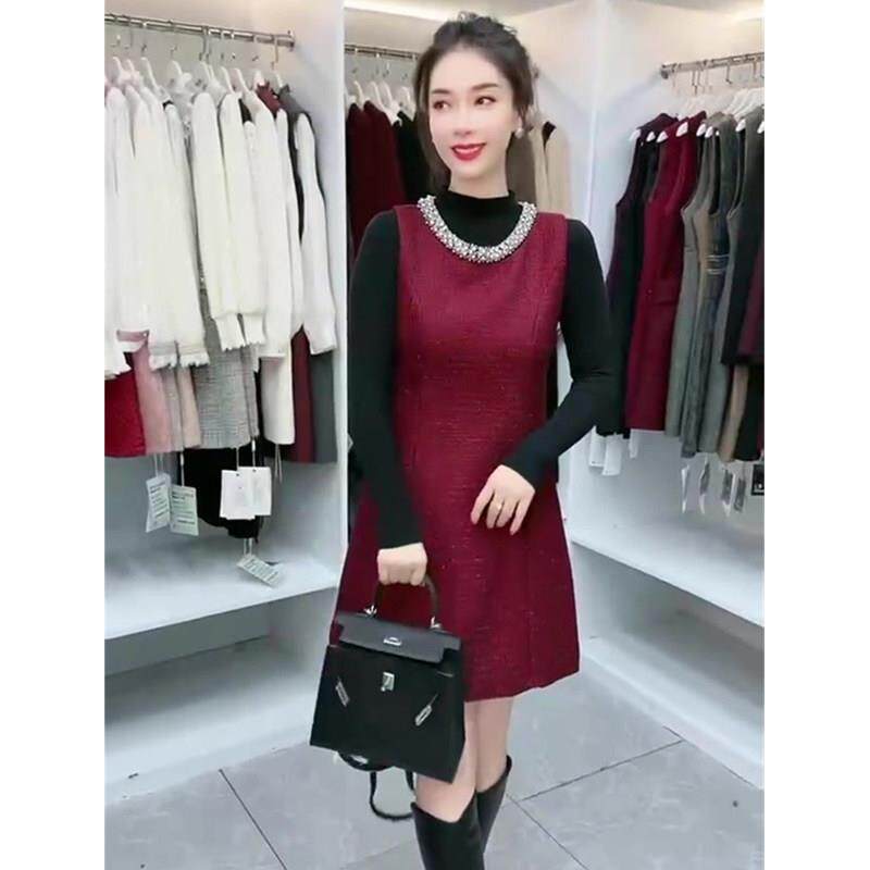 好货网红爆款时尚洋气两件套女冬季百搭小衫轻奢钉珠设计背心裙套