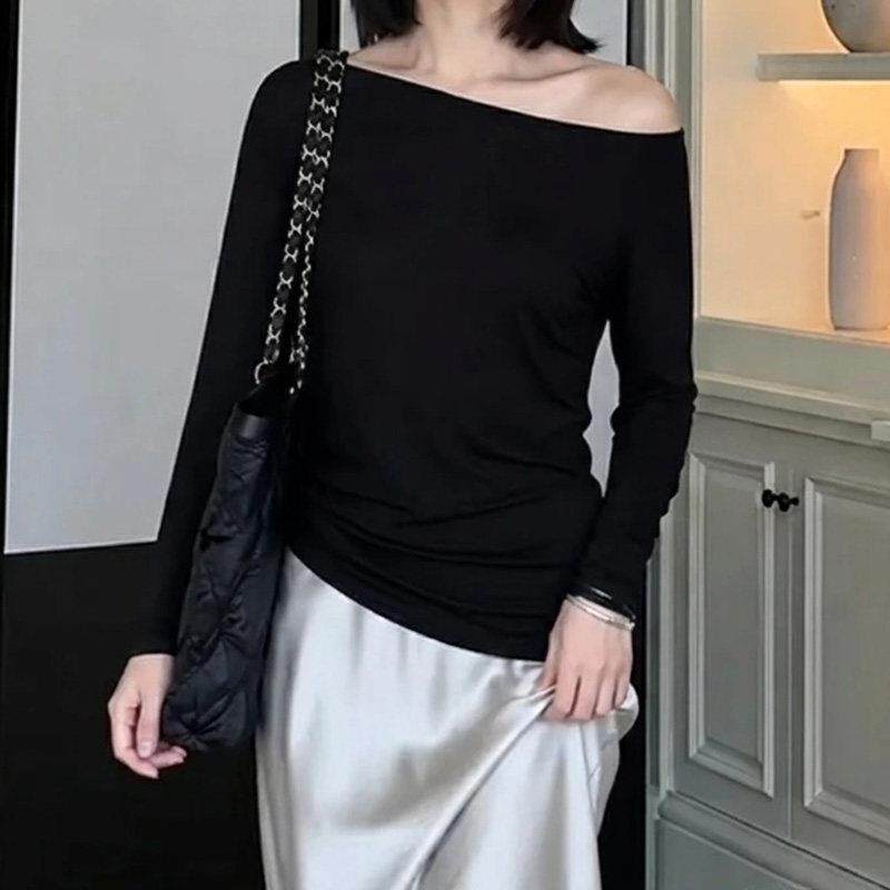 好货黑色斜肩长袖T恤2026早秋新款女装不规则设计感收腰显瘦气质