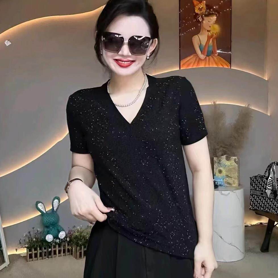 好货欧货爆款女装V领贵妇亮钻时尚小衫重工烫钻潮流洋气修身短袖