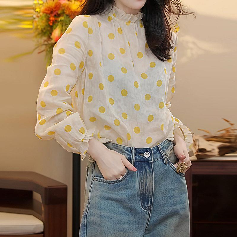 好货高级感黄色波点防晒衬衫女装春季2026年新款花边上衣女士衬衣