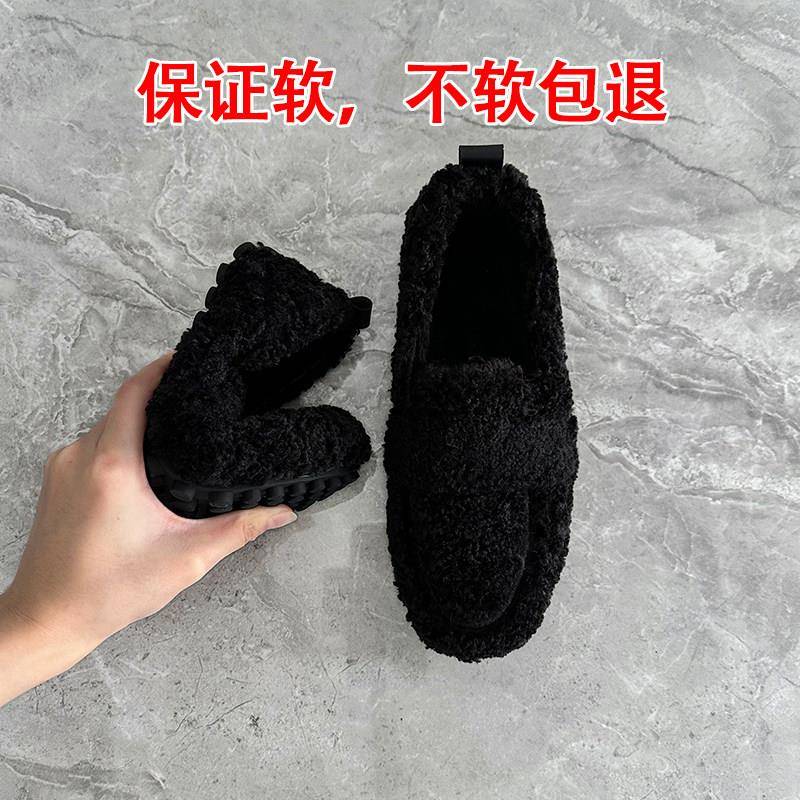 好货黑色加绒毛毛鞋女平底鞋2026新款秋冬外穿保暖棉鞋一脚蹬女鞋