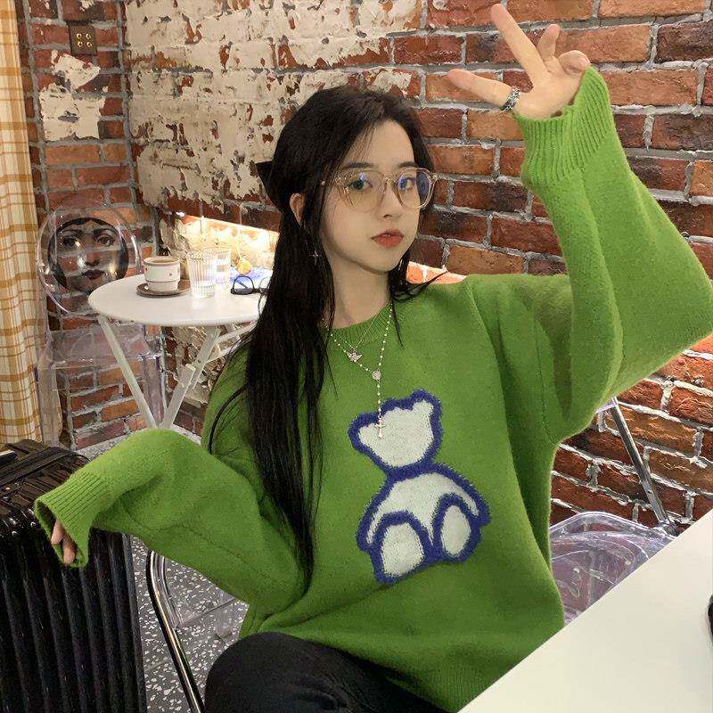 好货绿色小熊毛衣女秋冬深圳欧货今年流行漂亮上衣大码慵懒风针织