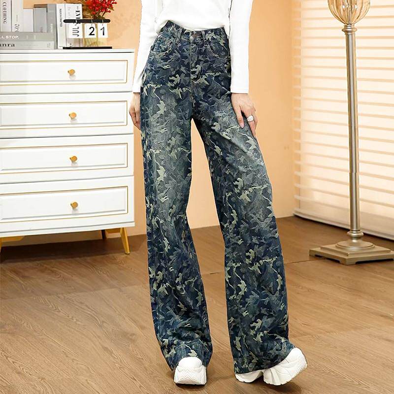 推荐美式复古高街迷彩牛仔阔腿裤女春秋2025新款韩版垂感直筒拖地