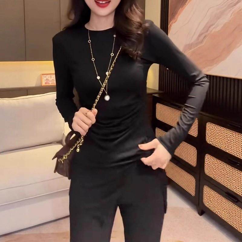 好货黑色不规则长袖T恤女秋季新款大码胖mm修身收腰中长款打底衫