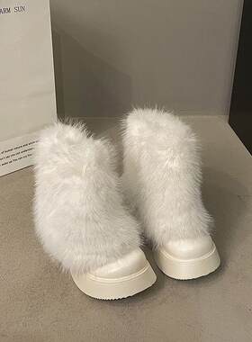新品毛毛鞋女短靴加绒白色