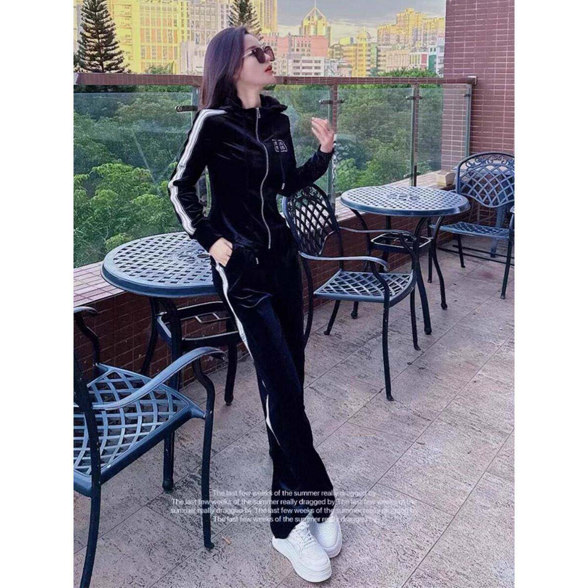 好货大码运动套装女秋装新款丝绒连帽开衫高腰阔腿裤胖mm休闲两件