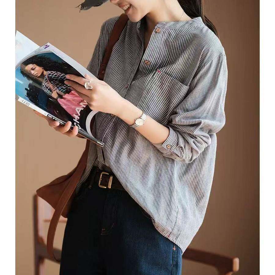 好货日系简约复古全棉长袖衬衣外套女春秋款宽松百搭通勤条纹衬衫