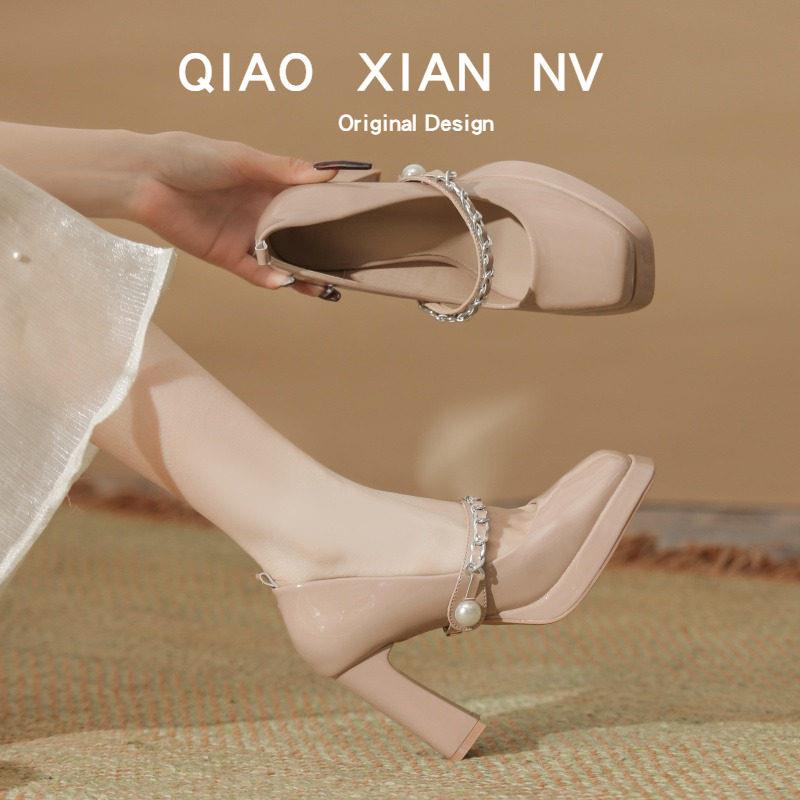 好货一字扣带裸色防水台小个子玛丽珍单鞋厚底漆皮超高跟女鞋9cm