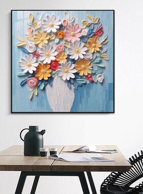 新品餐厅蓝色背景墙装饰画正方形发财树花卉油画客厅壁画肌理卧室