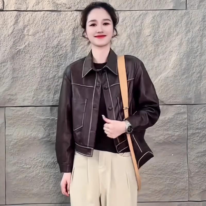 好货小个子时尚休闲短款皮衣女士春秋新款机车服翻领洋气百搭夹克