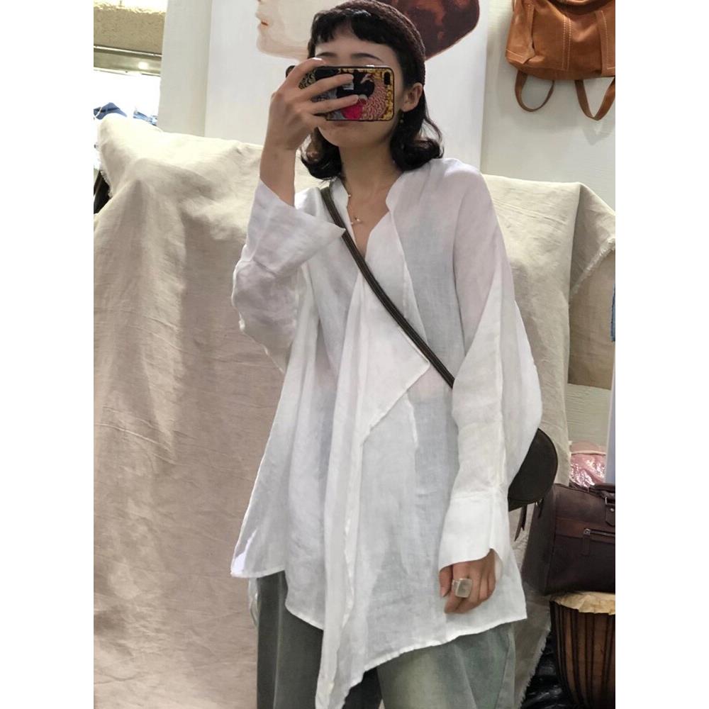 好货不规则设计感亚麻衬衫女春秋女装2026新款中长款V领显瘦棉麻