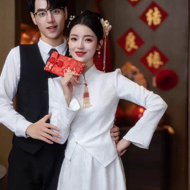 好货新中式优雅气质旗袍改良秀禾服订婚可穿白色礼服轻国风立领敬